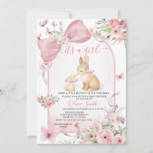 Pink Floral Bunny Pink Bow Baby Shower Invitation