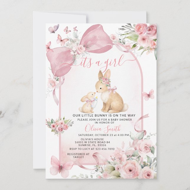 Pink Floral Bunny Pink Bow Baby Shower Invitation (Front)