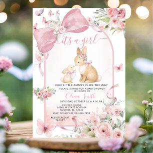Pink Floral Bunny Pink Bow Baby Shower Invitation