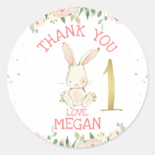 Pink Floral Bunny Rabbit 1st Birthday Classic Round Sticker
