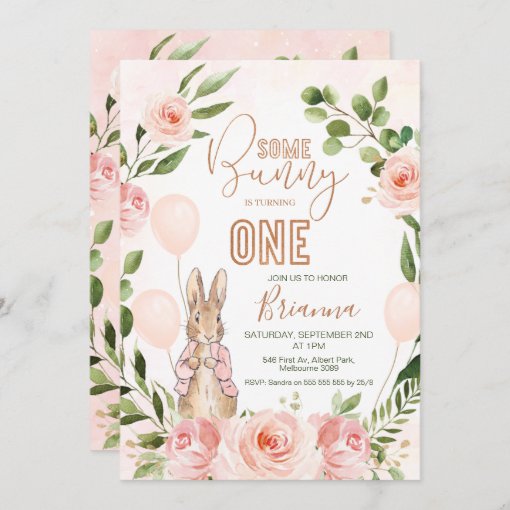 Pink Floral Bunny Rabbit 1st Birthday Invitation | Zazzle