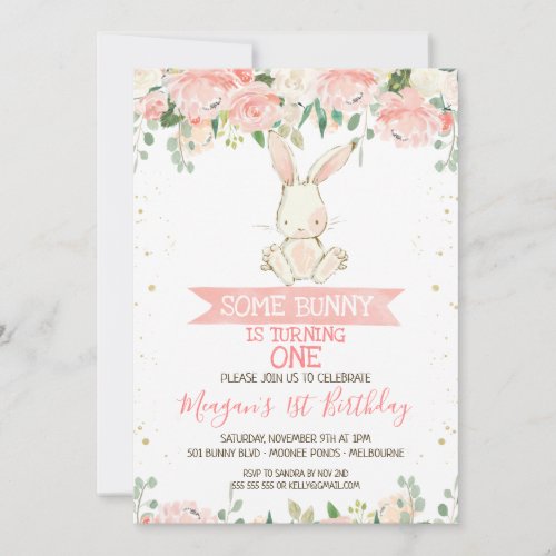 Pink Floral Bunny Rabbit 1st Birthday  Invitation