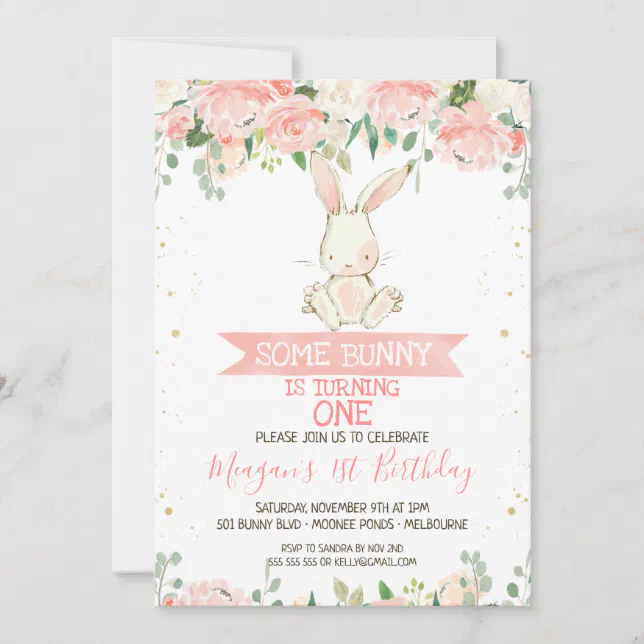 Pink Floral Bunny Rabbit 1st Birthday Invitation | Zazzle