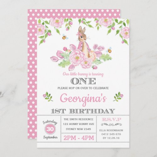 Pink Floral Bunny Rabbit 1st Girl Birthday Party Invitation