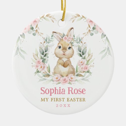 Pink Floral Bunny Rabbit Baby 1st Easter Ceramic Ornament