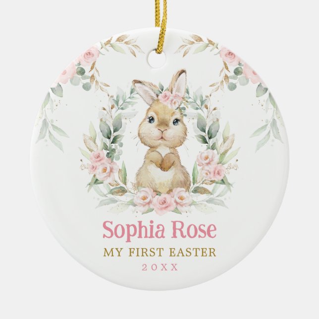 Pink Floral Bunny Rabbit Baby 1st Easter Ceramic Ornament (Front)