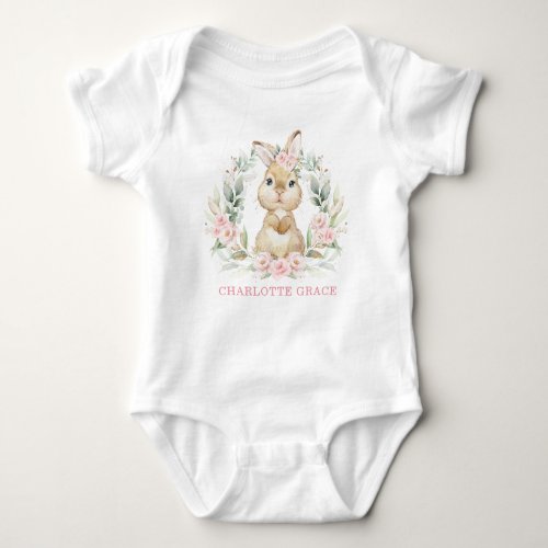 Pink Floral Bunny Rabbit Baby Girl Monogram Baby Bodysuit