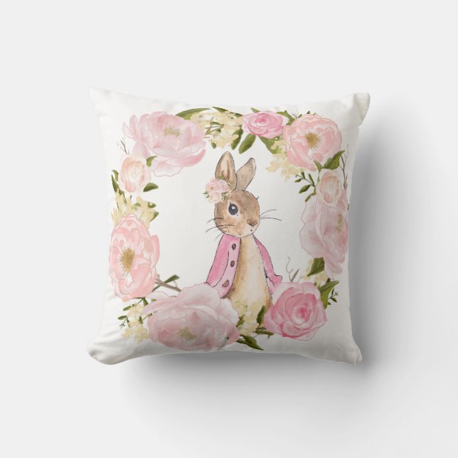 Pink Floral Bunny Rabbit Baby Girl Nursery Room Throw Pillow (Front)
