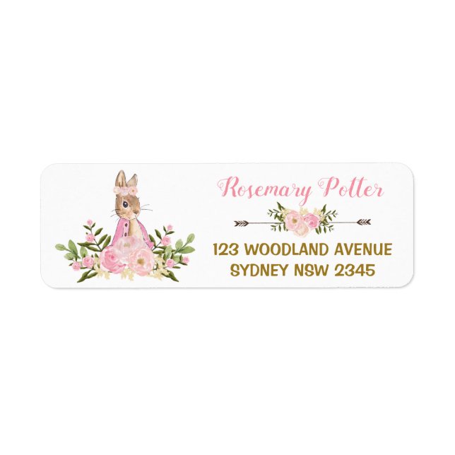 Pink Floral Bunny Rabbit Baby Shower Address Label (Front)