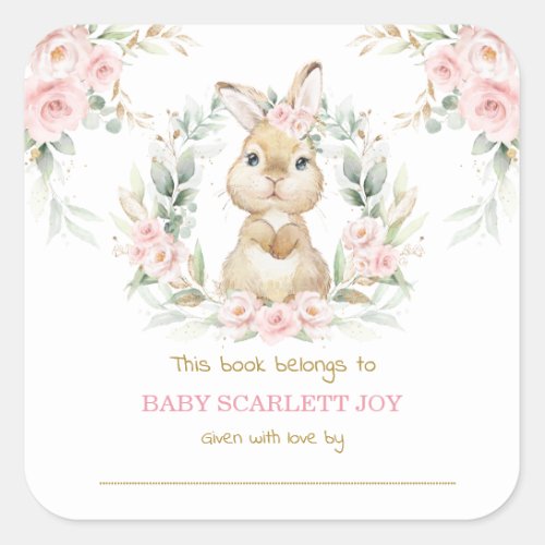 Pink Floral Bunny Rabbit Baby Shower Bookplate