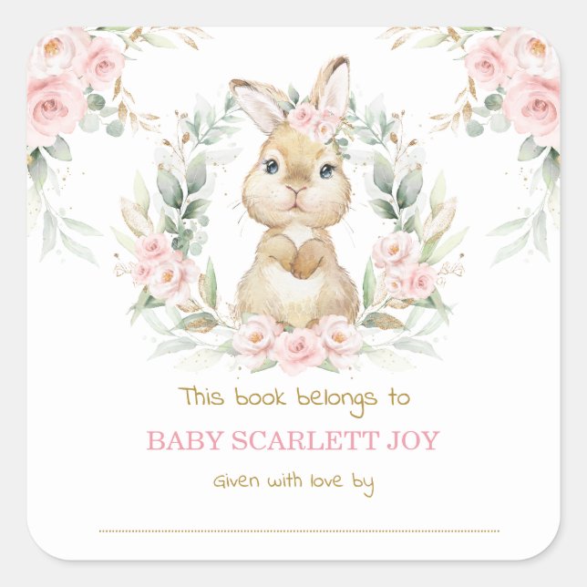 Pink Floral Bunny Rabbit Baby Shower Bookplate (Front)