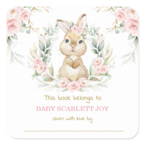 Pink Floral Bunny Rabbit Baby Shower Bookplate