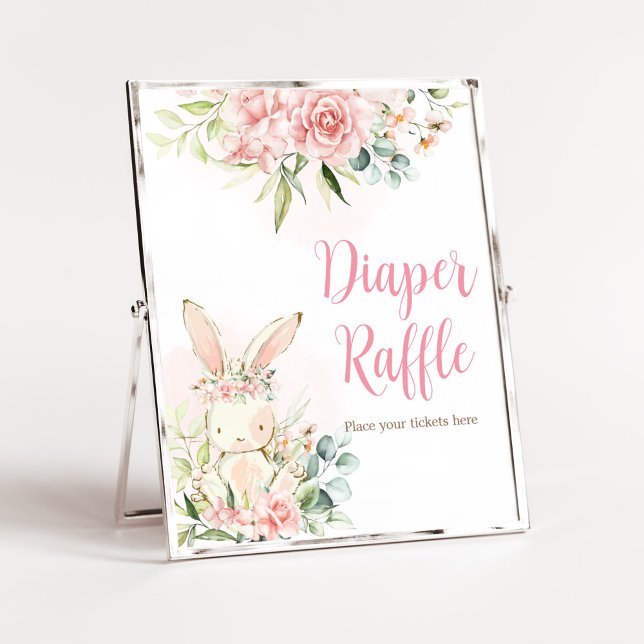 Pink Floral Bunny Rabbit Baby Shower Diaper Raffle Poster (A Little Bunny Girl Baby Shower Diaper Raffle Sign)