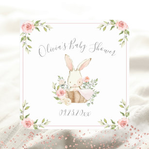 Pink Floral Bunny Rabbit Baby Shower Square Sticker