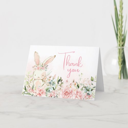 Pink Floral Bunny Rabbit Baby Shower Thank You Card