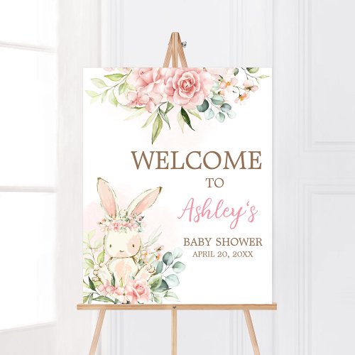 Pink Floral Bunny Rabbit Baby Shower Welcome Poster