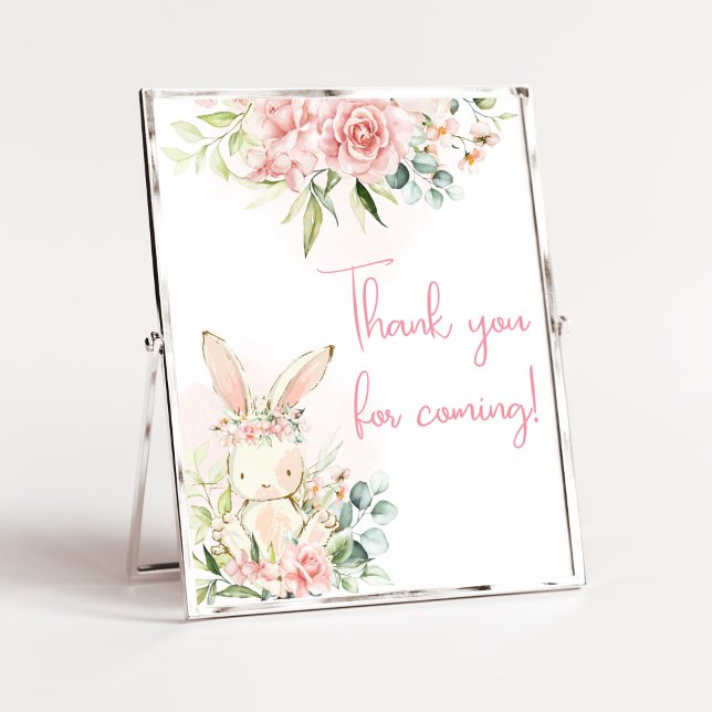 Pink Floral Bunny Rabbit Baby Shower Welcome Poster (A Little Bunny Girl Baby Shower Thank you for Coming Sign)