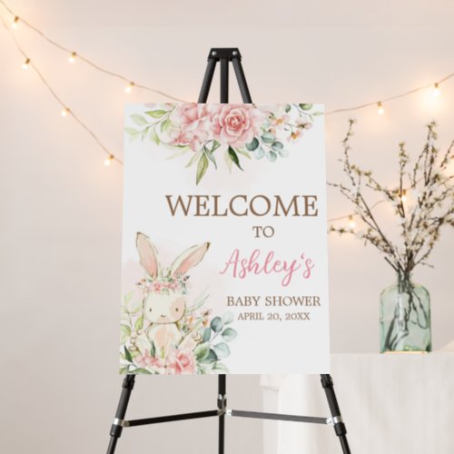 Pink Floral Bunny Rabbit Baby Shower Welcome Sign