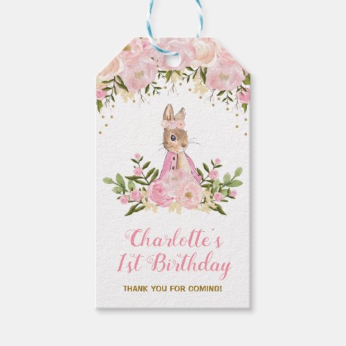 Pink Floral Bunny Rabbit Birthday Favor Gift Tag