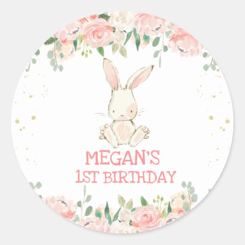 Pink Floral Bunny Rabbit Birthday Party  Classic Round Sticker