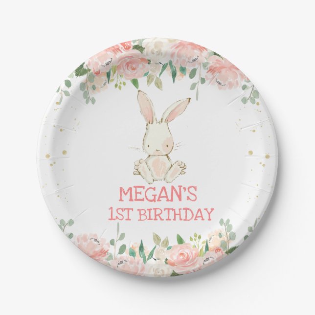 Pink Floral Bunny Rabbit Birthday Party Paper Plates (Front)