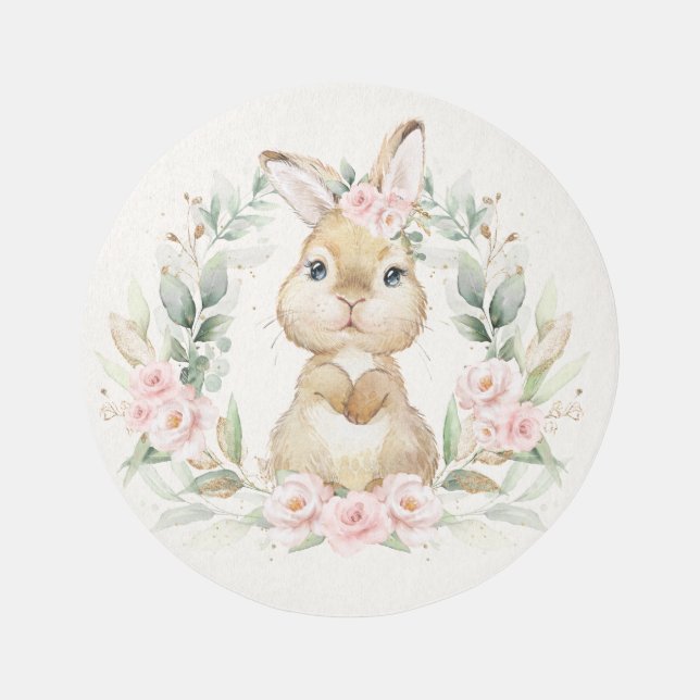 Pink Floral Bunny Rabbit Girl Baby Nursery Rug (Front)