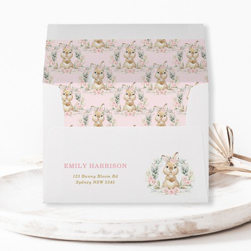 Pink Floral Bunny Rabbit Girl Baby Shower Birthday Envelope