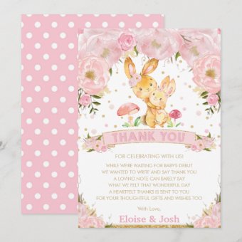 Pink Floral Bunny Rabbit Girl Baby Shower Thank You Card | Zazzle
