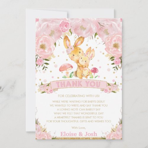Pink Floral Bunny Rabbit Girl Baby Shower Thank You Card