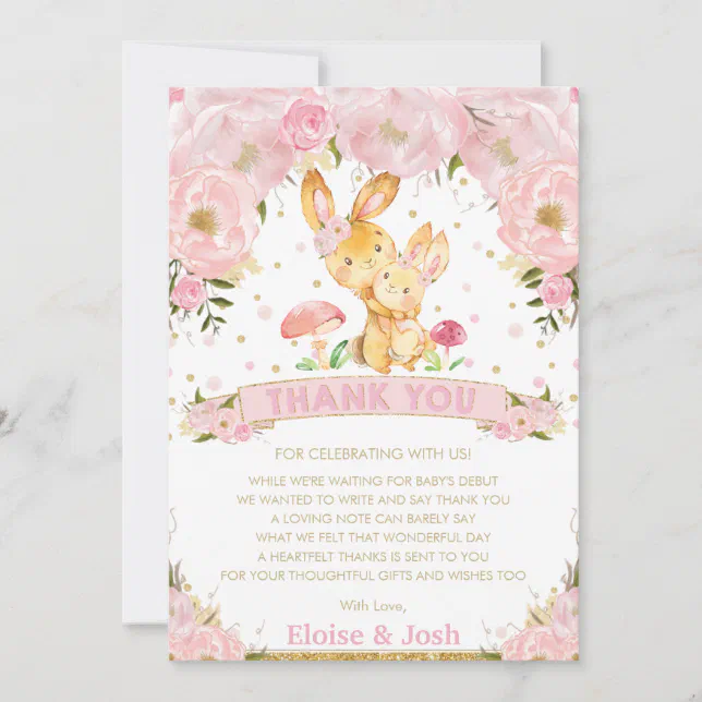 Pink Floral Bunny Rabbit Girl Baby Shower Thank You Card | Zazzle