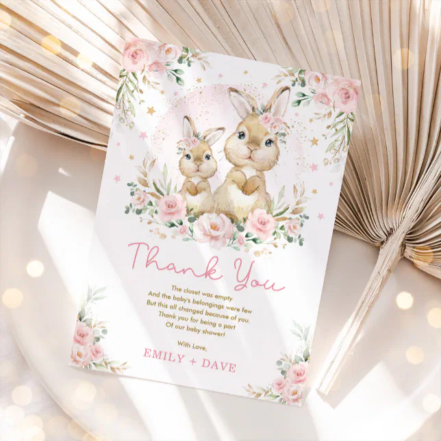 Pink Floral Bunny Rabbit Girl Baby Shower Thank You Card | Zazzle