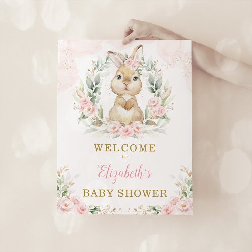 Pink Floral Bunny Rabbit Girl Baby Shower Welcome Poster