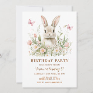 Pink Floral Bunny Rabbit Girl Birthday Party  Invitation