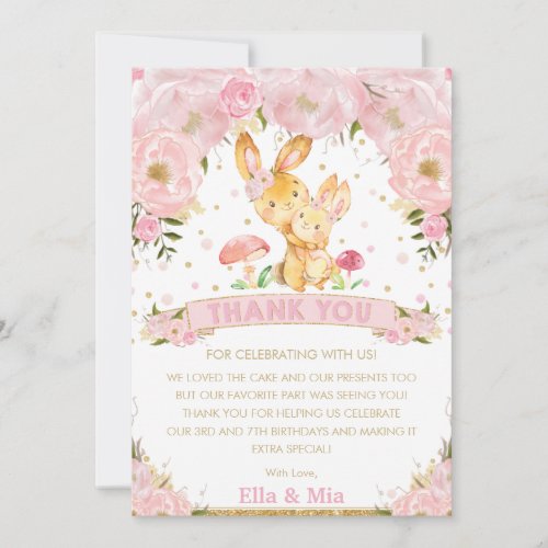 Pink Floral Bunny Rabbit Girls Joint Birthday Thank You Card