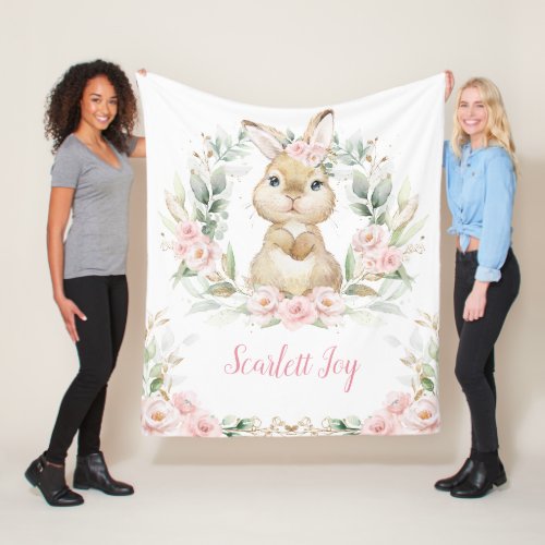 Pink Floral Bunny Rabbit Greenery Girl Nursery Fleece Blanket