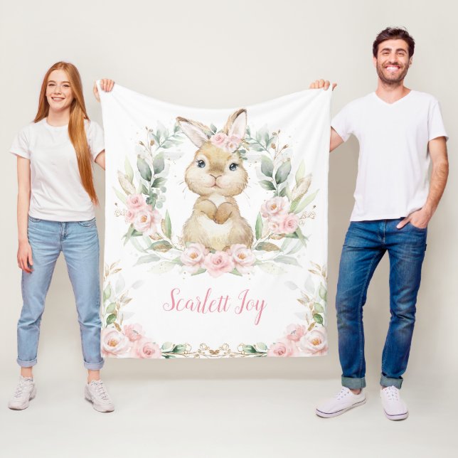 Pink Floral Bunny Rabbit Greenery Girl Nursery Fleece Blanket (In Situ)