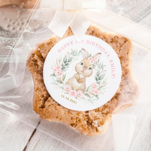 Pink Floral Bunny Rabbit Happy Birthday Favors Classic Round Sticker