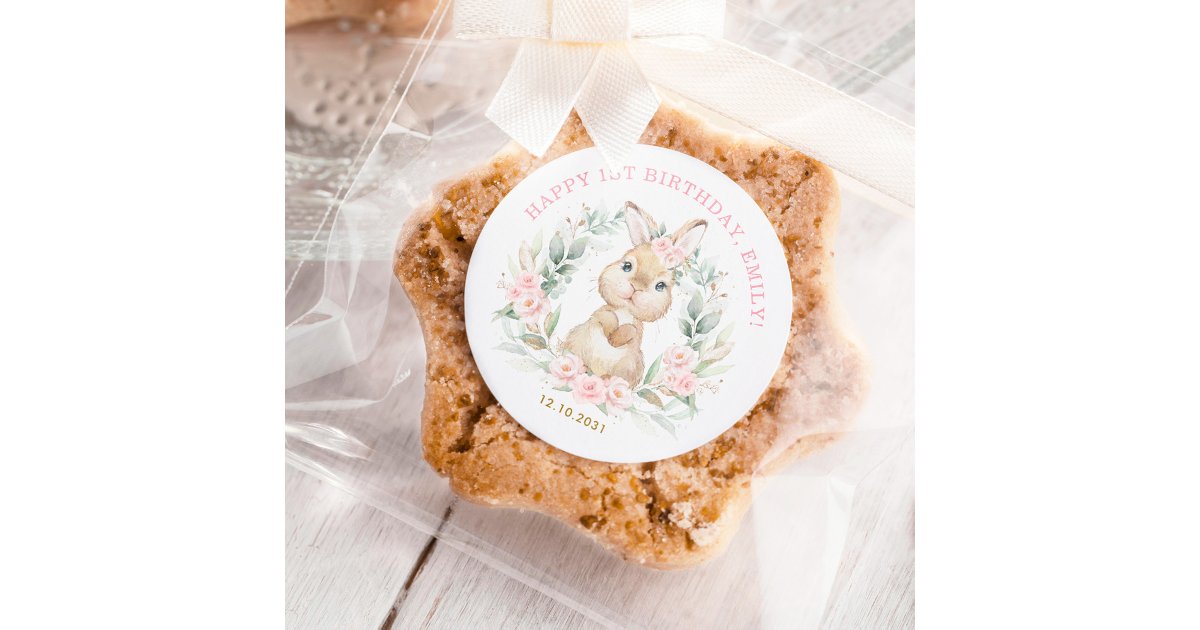 Pink Floral Bunny Rabbit Happy Birthday Favors Classic Round Sticker ...