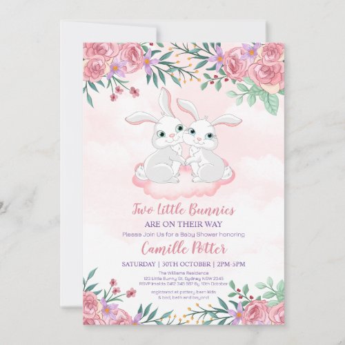 Pink Floral Bunny Rabbit Twin Girl Baby Shower Inv Invitation