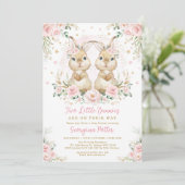 Pink Floral Bunny Rabbit Twin Girl Baby Shower Invitation (Standing Front)