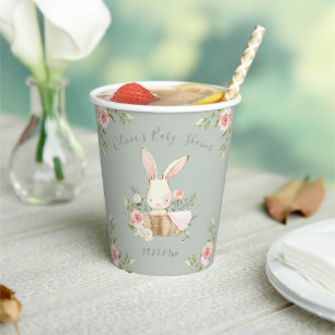 Pink Floral Bunny Sage Green Baby Shower Paper Cups