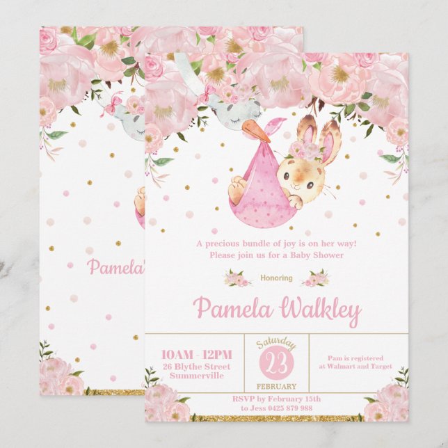 Pink Floral Bunny Stork Bundle Girl Baby Shower Invitation (Front/Back)