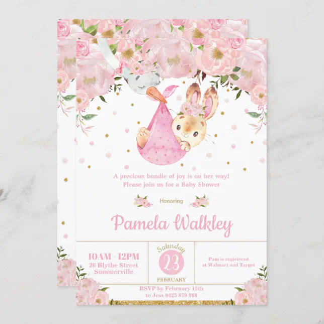 Pink Floral Bunny Stork Bundle Girl Baby Shower Invitation | Zazzle