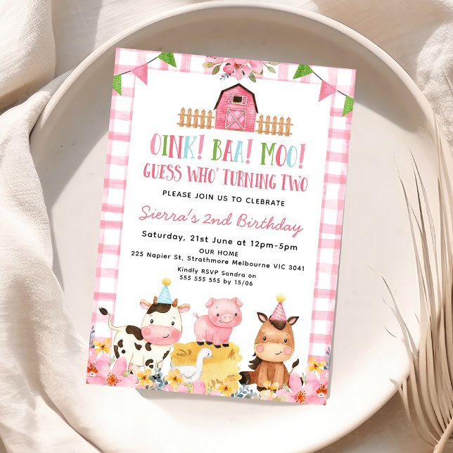 Pink Floral Bunting Farm 2nd Birthday Invitation (Pink Gingham Girls Oink Baa Moo 2nd Birthday Invitation, Farm Second Birthday Invite For Girl, )
