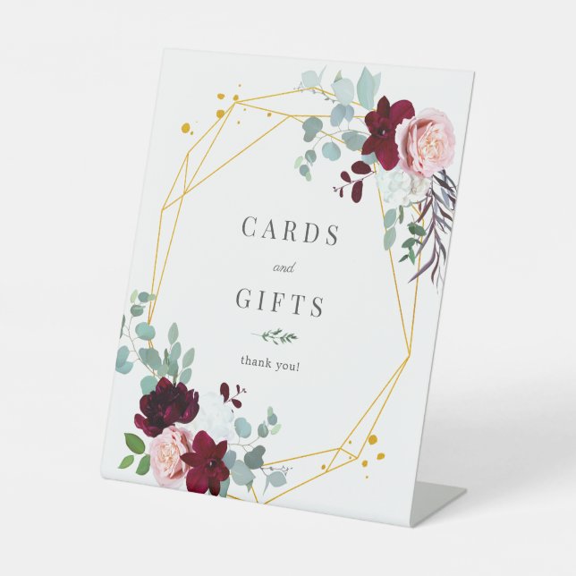 Pink Floral Burgundy Cards and Gifts Pedestal Sign (Front)