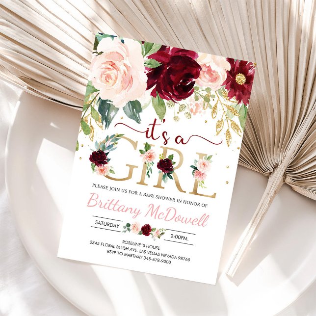 Pink Floral Burgundy Girl Baby Shower Invitation (Creator Uploaded)