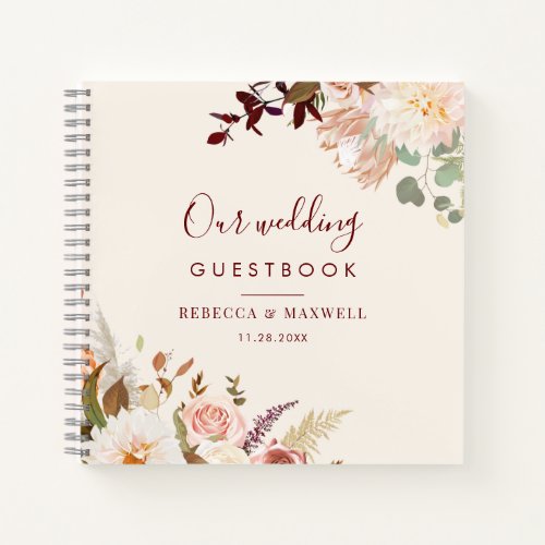 Pink Floral Burgundy Greenery Wedding Guest Book