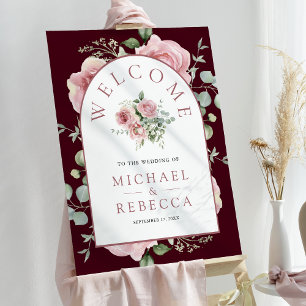 Pink Floral Burgundy Wedding Welcome Sign