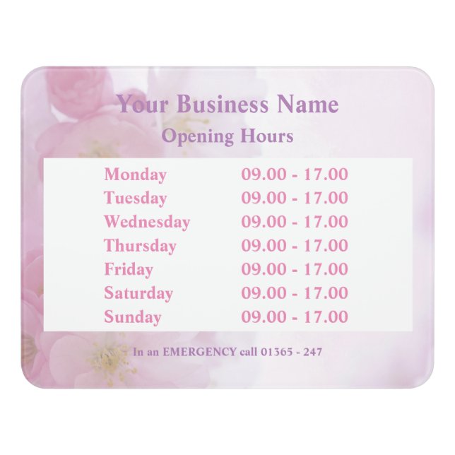 Pink Floral business opening times hours Sign (Contemporary Front)