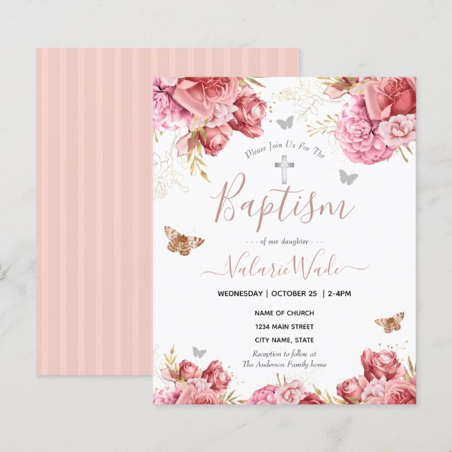 Pink Floral Butterflies Baptism Budget Invitations (Front/Back)